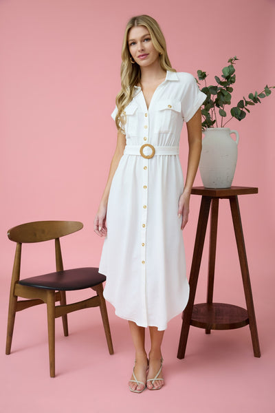 Soft & Stretch Collared Button Down Belted Midi Dress