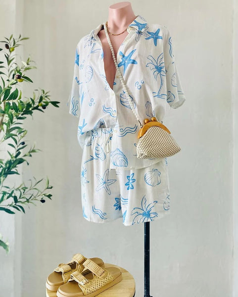 Linen Blend Sea Print Shorts