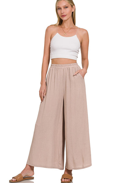 Rayon Crinkle Wide Pants With Pockets