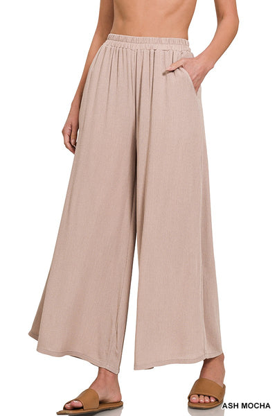 Rayon Crinkle Wide Pants With Pockets