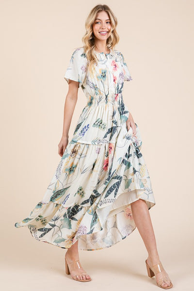 Floral Split Neck Tiered Maxi Dress
