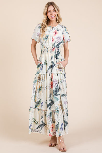 Floral Split Neck Tiered Maxi Dress