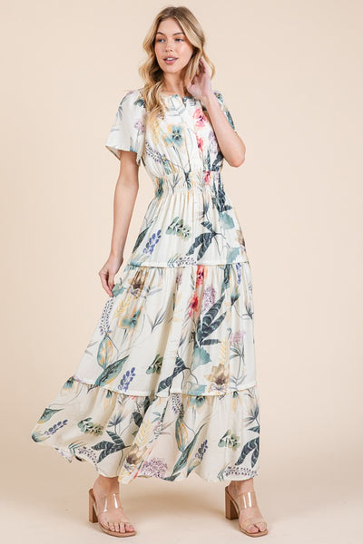 Floral Split Neck Tiered Maxi Dress