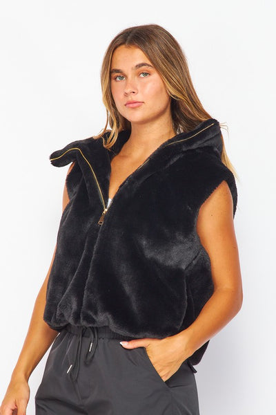 Zipper Soft Faux Fur Hooded Vest