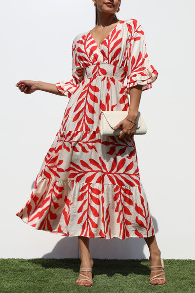 V Neck Vines Smocked Midi Dress