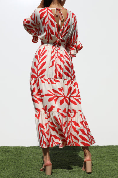 V Neck Vines Smocked Midi Dress