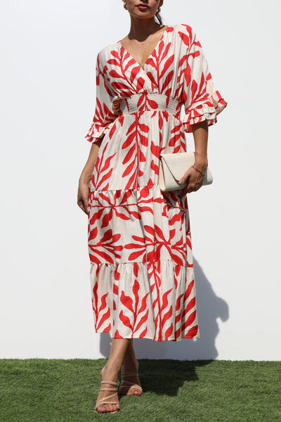 V Neck Vines Smocked Midi Dress