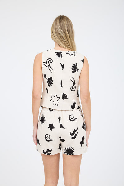 Linen Blend Doodle Print Vest