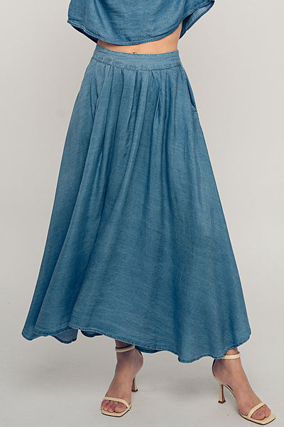 Chambray Pleated Midi Skirt