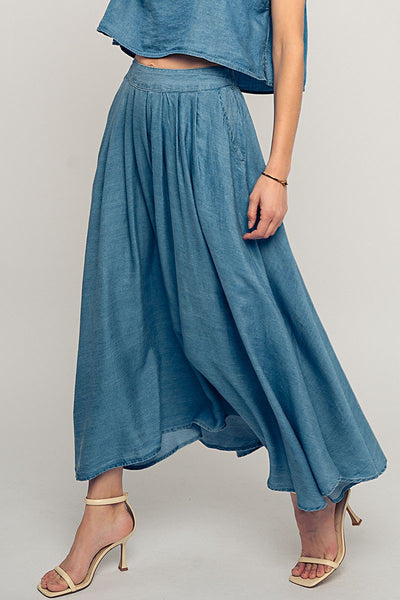 Chambray Pleated Midi Skirt
