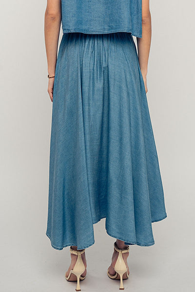 Chambray Pleated Midi Skirt