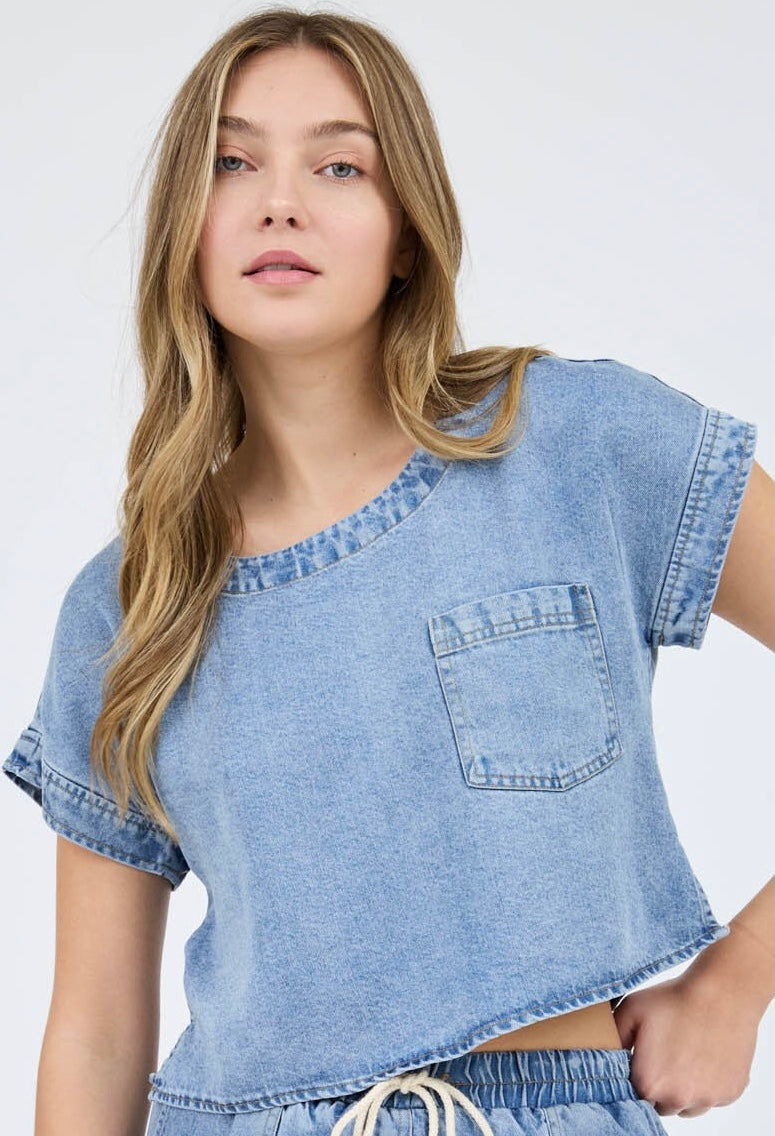 Washed Chambray Boat Neck Short Sleeve Boxy Top