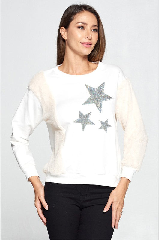 Sudadera Estrellas Glitter con Faux Fur en Manga