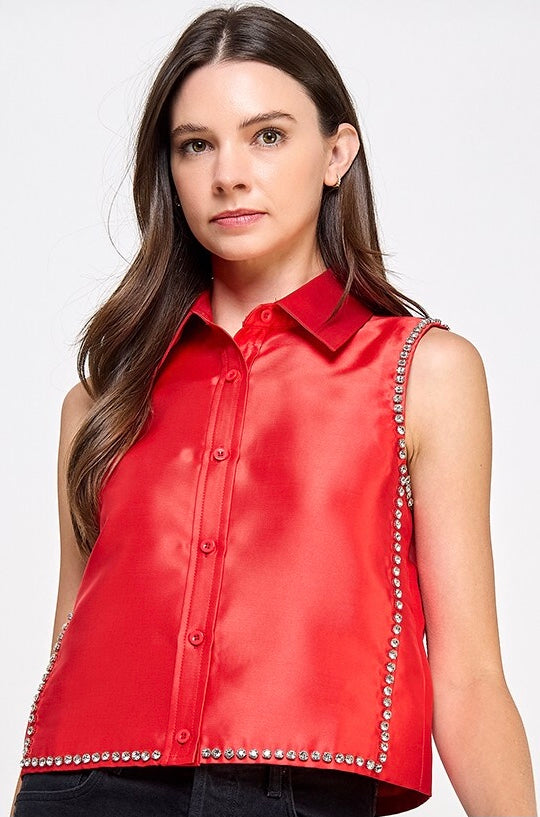 Sleeveless Rhinestone Button Down Shirt