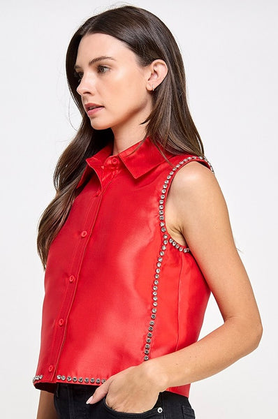 Sleeveless Rhinestone Button Down Shirt