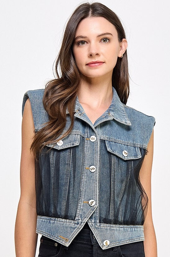 Mesh Button Down Denim Vest