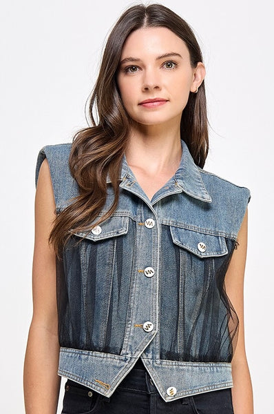 Mesh Button Down Denim Vest