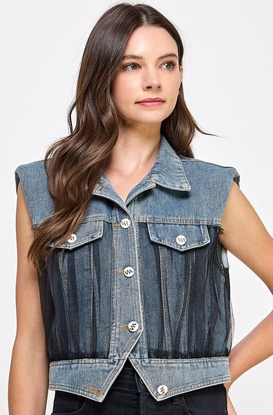 Mesh Button Down Denim Vest