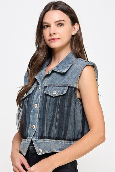 Mesh Button Down Denim Vest