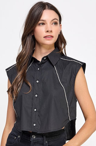 Sleeveless Rhinestone Collar Button Down Shirt