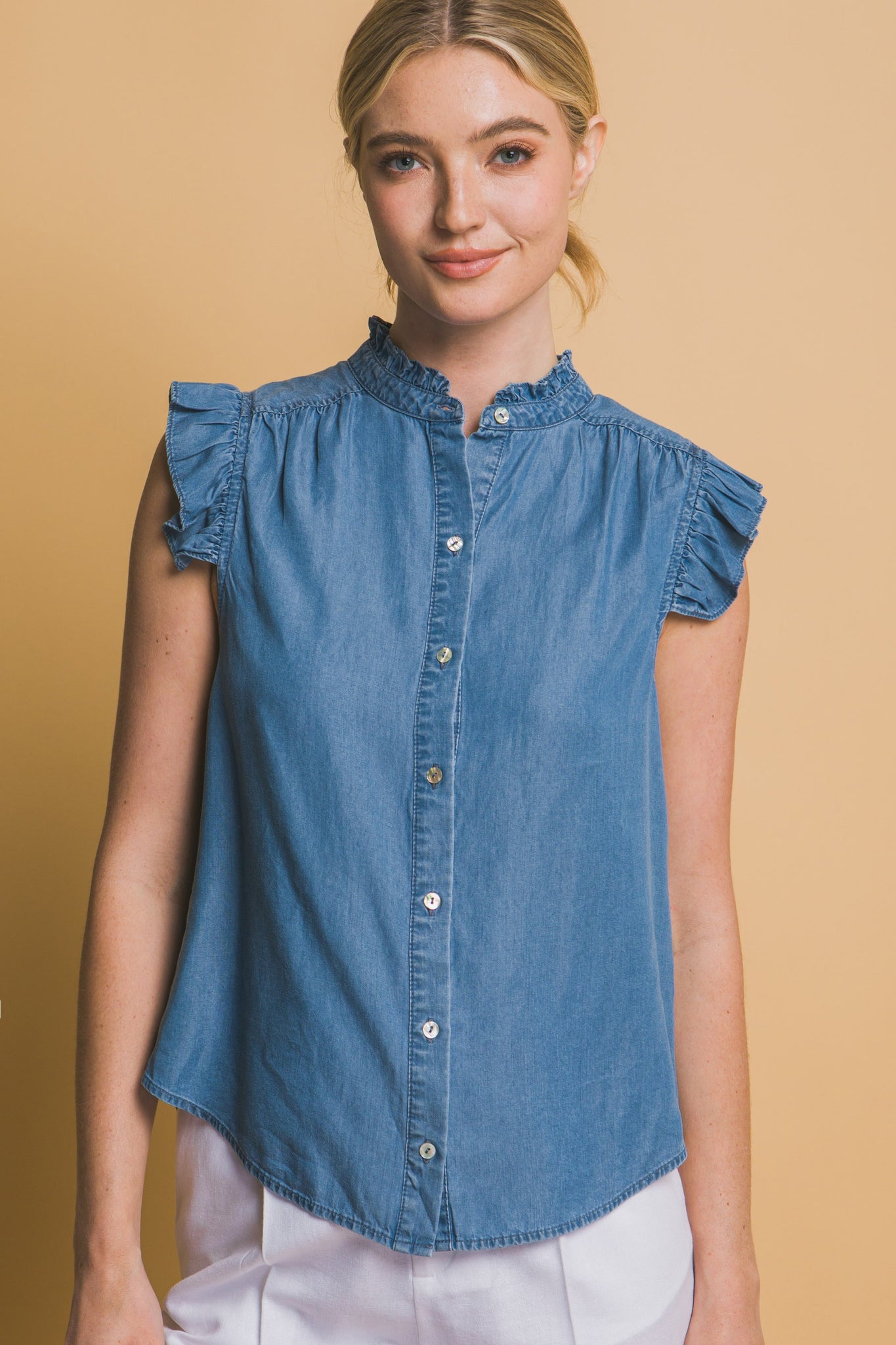 Tencel Button-down Flutter Sleeve Shirt