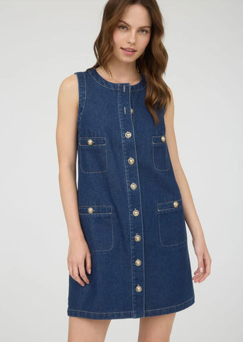 Gold Button Down Sleeveless Denim Dress