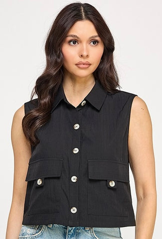 Sleeveless Utility Button Down Top