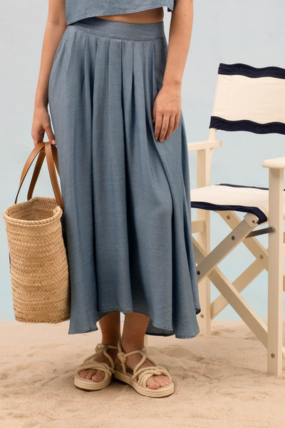 Chambray Pleated Midi Skirt