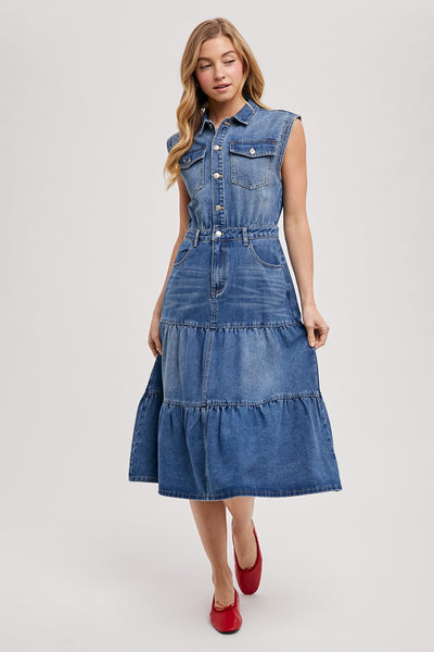 Denim Sleeveless Shirt Tiered Midi Dress