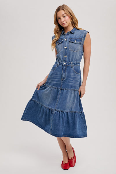 Denim Sleeveless Shirt Tiered Midi Dress