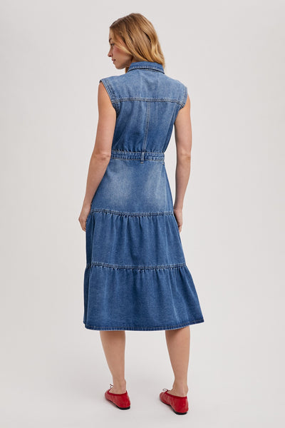 Denim Sleeveless Shirt Tiered Midi Dress
