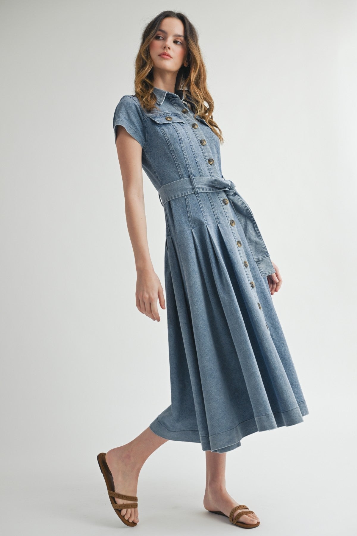 Denim Button-down Shirt Dress With Belted Waist