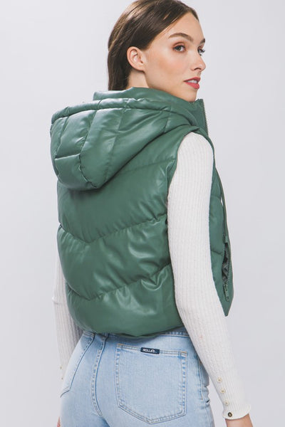 PU Faux Leather Puffer Hooded Vest