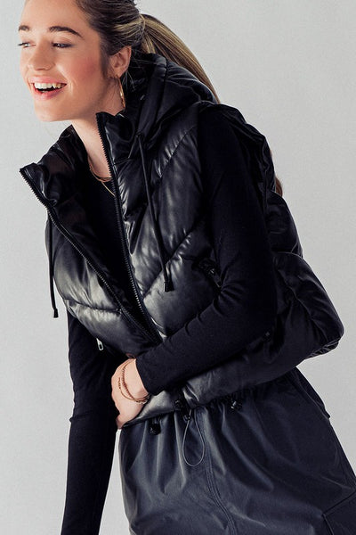 PU Faux Leather Puffer Hooded Vest