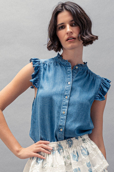 Tencel Button-down Flutter Sleeve Shirt