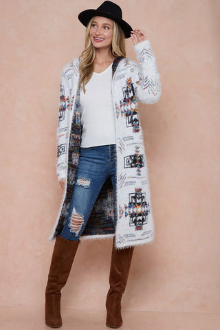 Fuzzy Warm Hooded Open Long Cardigan