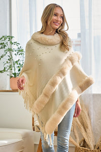 Soft Faux Fur & Pearls Knit Poncho