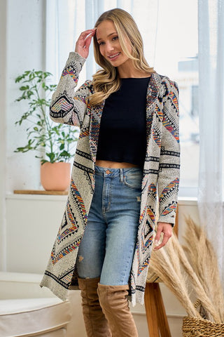 Knit Hooded Rainbow Long Open Cardigan