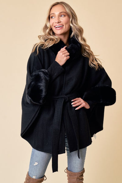 Soft Faux Fur Belted Poncho Coat
