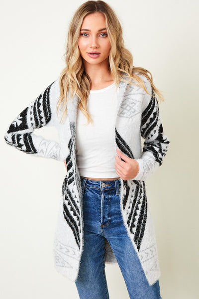 Fuzzy Warm Knit Aztec Open Cardigan