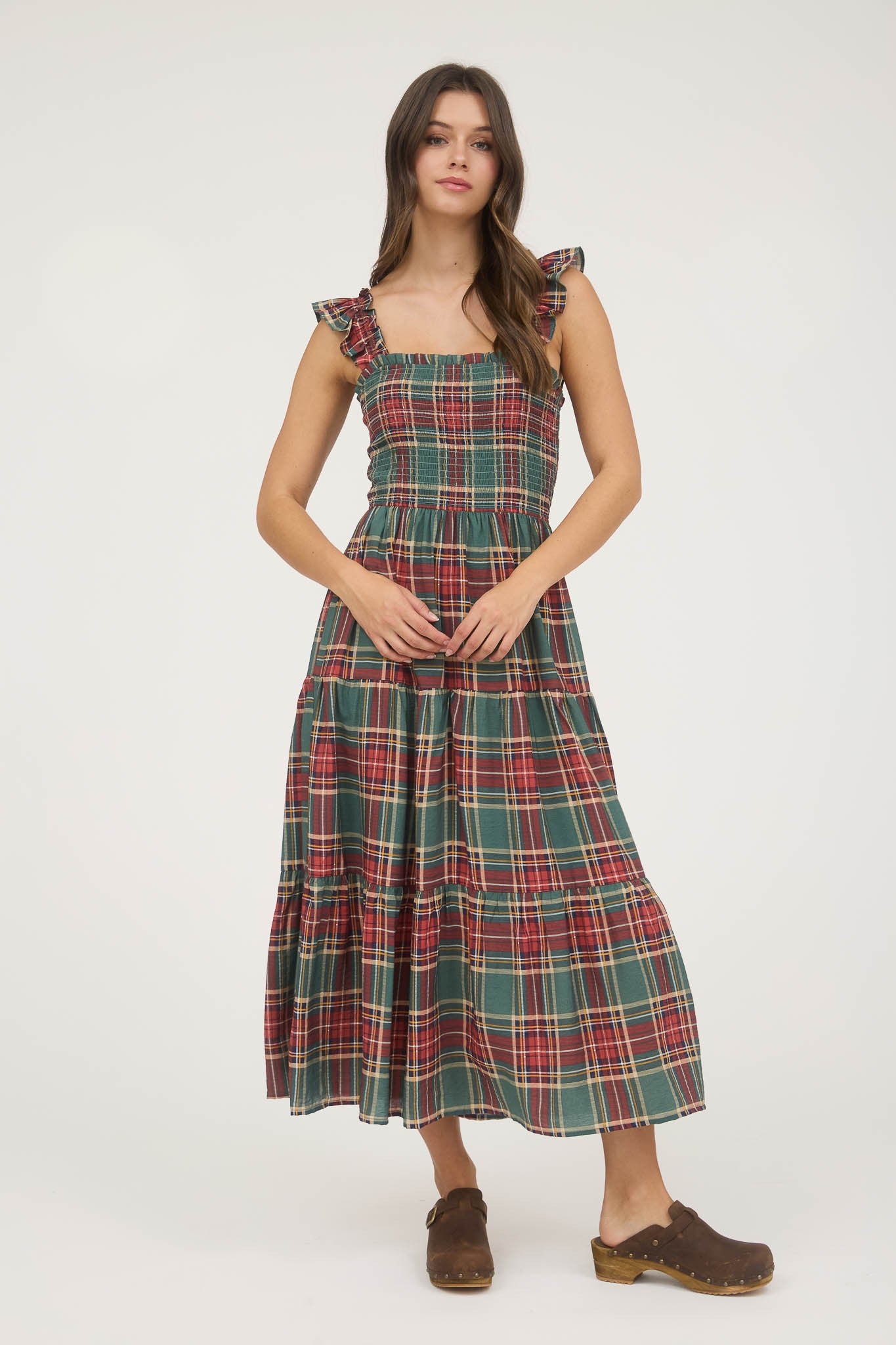 Plaid Smocked Tiered Midi Dress
