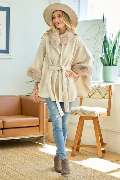 Soft Faux Fur Belted Poncho Coat