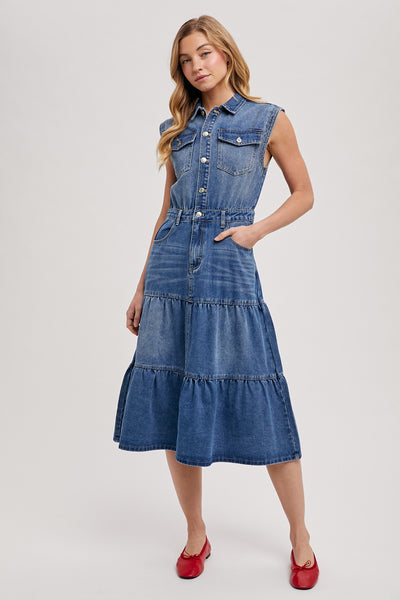 Denim Sleeveless Shirt Tiered Midi Dress