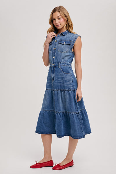 Denim Sleeveless Shirt Tiered Midi Dress