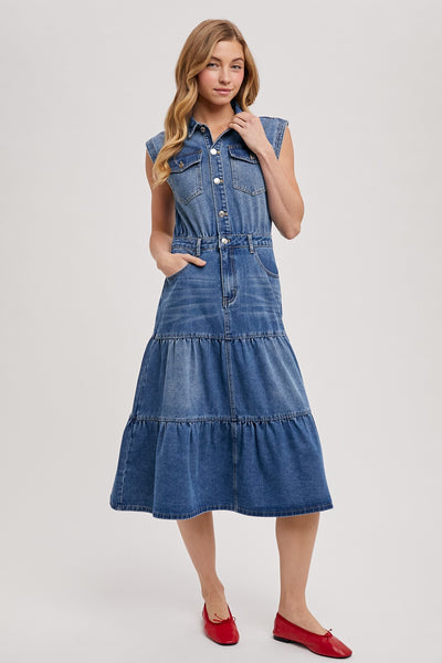 Denim Sleeveless Shirt Tiered Midi Dress