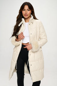 PREMIUM Soft Faux Fur Trim Quilted Faux Leather Puffer Trench Coat