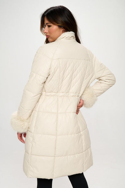 PREMIUM Soft Faux Fur Trim Quilted Faux Leather Puffer Trench Coat