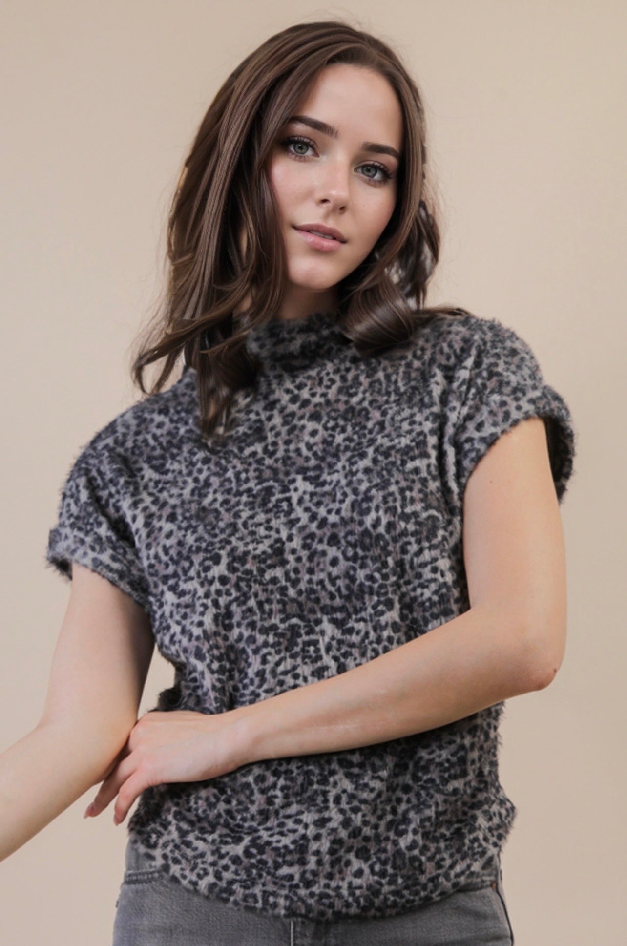 Gray Leopard Super Soft Short Sleeve Sweater Top