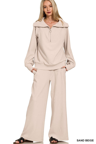 Ribbed High Neck Half Zip Pullover + Pants Set