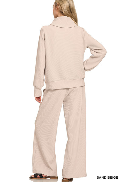 Ribbed High Neck Half Zip Pullover + Pants Set